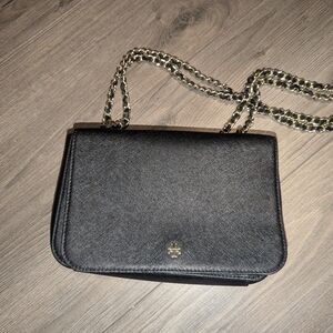 Tory Burch Emerson Black Leather Gold Chain Logo Shoulder Bag Purse-COA